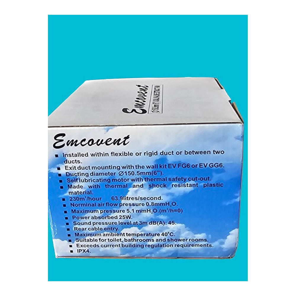 EV6IL Emcovent 6" 150mm Axial in line Standard Fan for Toilets Bathrooms Shower