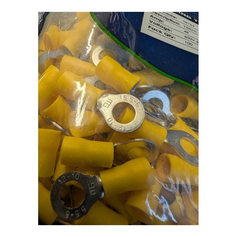 Deligo TRY64 Pack of 100 Yellow 6.4 Copper Insulated Crimp Ring Terminals 48A