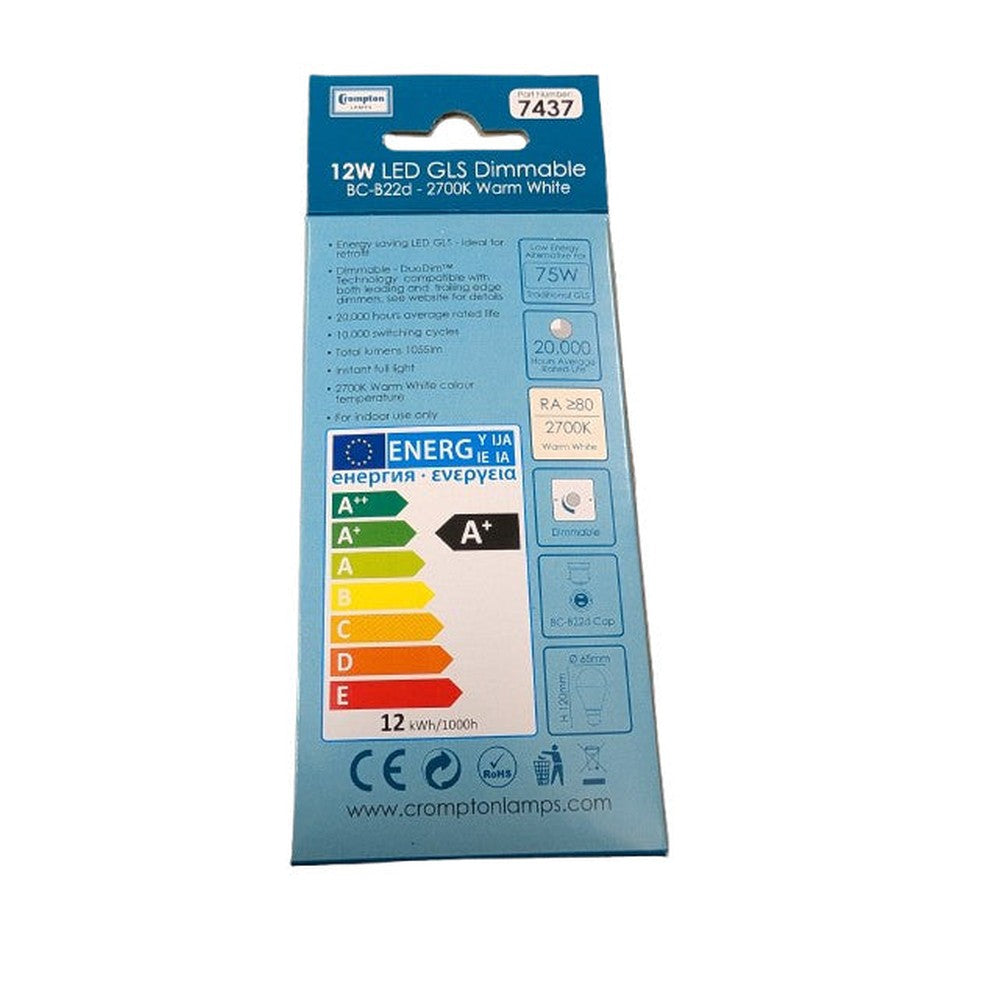 Crompton 7437  LED Thermal Plastic GLS Lamp 12w Dimmable Warm White BC-B22d