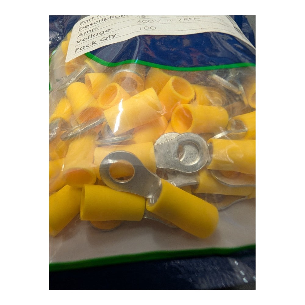 Deligo TRY53 Pack of 100 Yellow 5.3 Copper Insulated Crimp Ring Terminals 48A