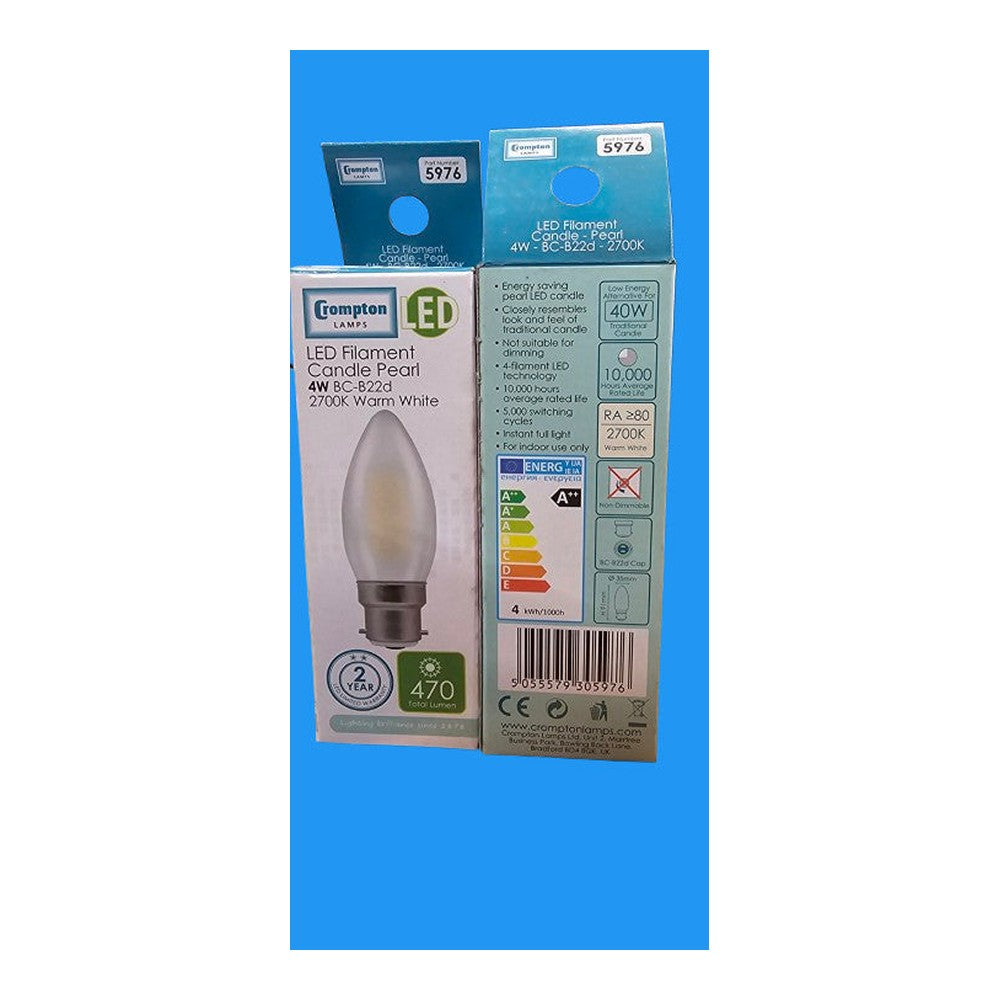 BC-B22d 4W 2 Pack LED Crompton Candle Bulb Pearl 470lm 2700k Warm white A++ 5976