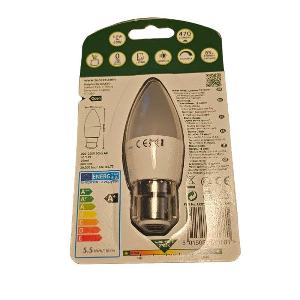 LED B22 BC C37 Candle Classic Bulb 5.5w = 40w 470lm Dimmable 2700k Warm White