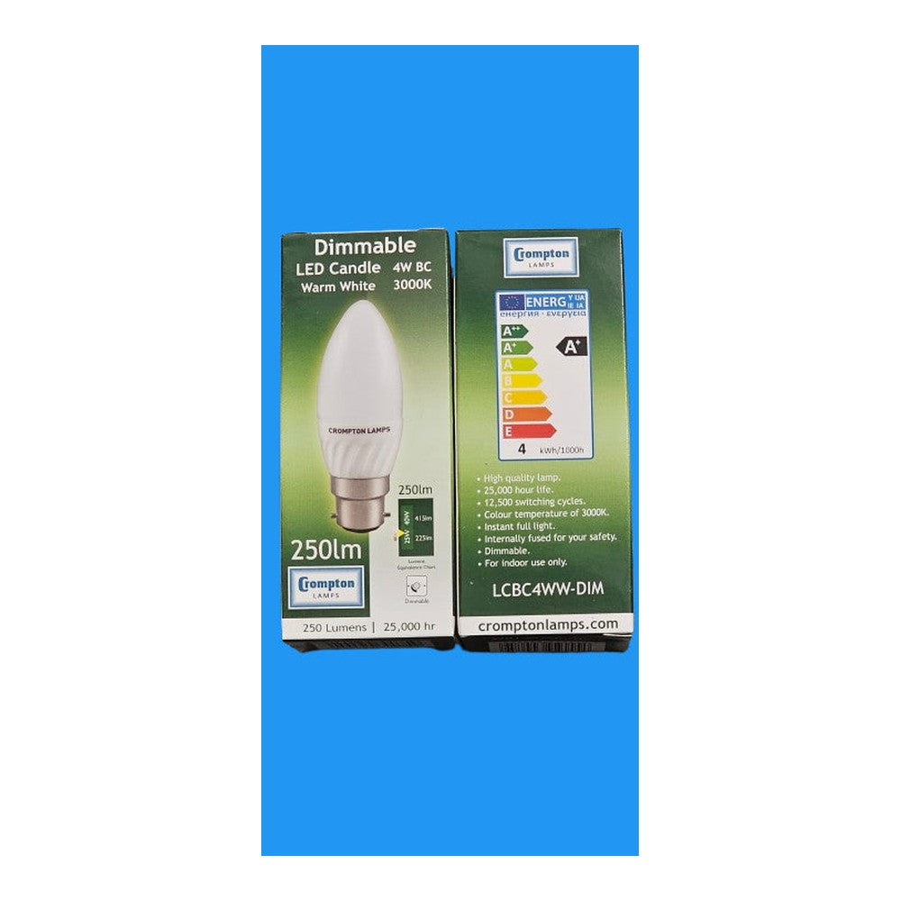 BC 4w LED Dimmable Candle Bulb Lamp Crompton 250lm 3000k Warm White 25000h 240v