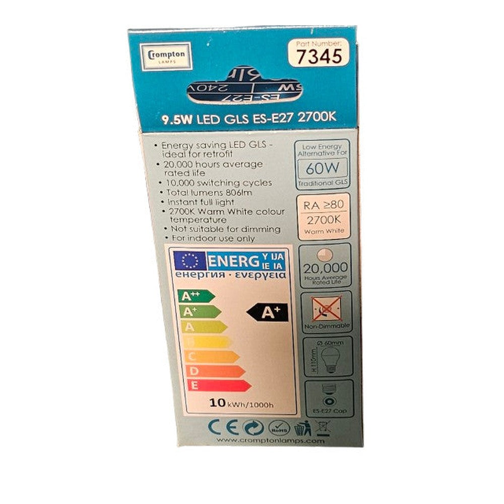 95w ES-E27 LED GLS Lamp Bulb 2700k Warm White 806Lm Energy Saver 7345 Pack Of 2