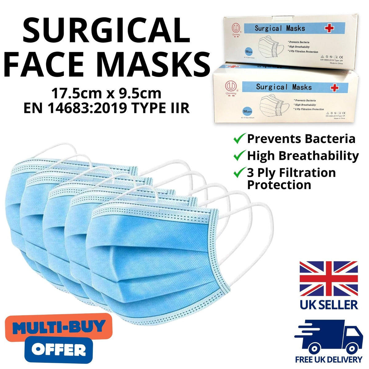 Disposable Surgical Face Masks 50 PCS - 3 Ply Protection Bacteria Dust Pollen