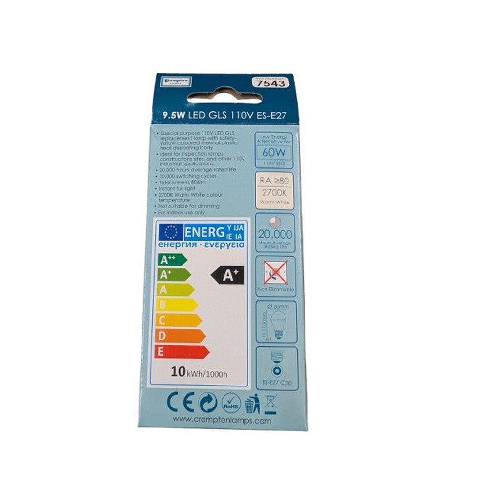 2x Crompton 7543 LED 110v GLS Light Bulb 9.5W E27 Site Inspection lighting