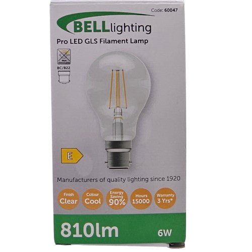 3 x BC/B22 6W Bell Pro GLS LED Filament Lamp Bulb 810lm Clear Cool 90% Energy