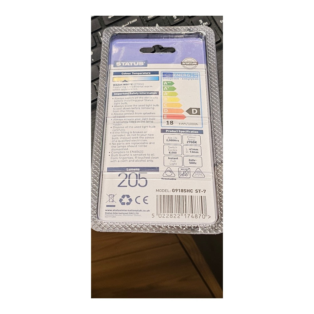 G9 18W Capsule (Pack of 2 ) Status Halogen 205lm Warm White Dimmable Clear 2700k