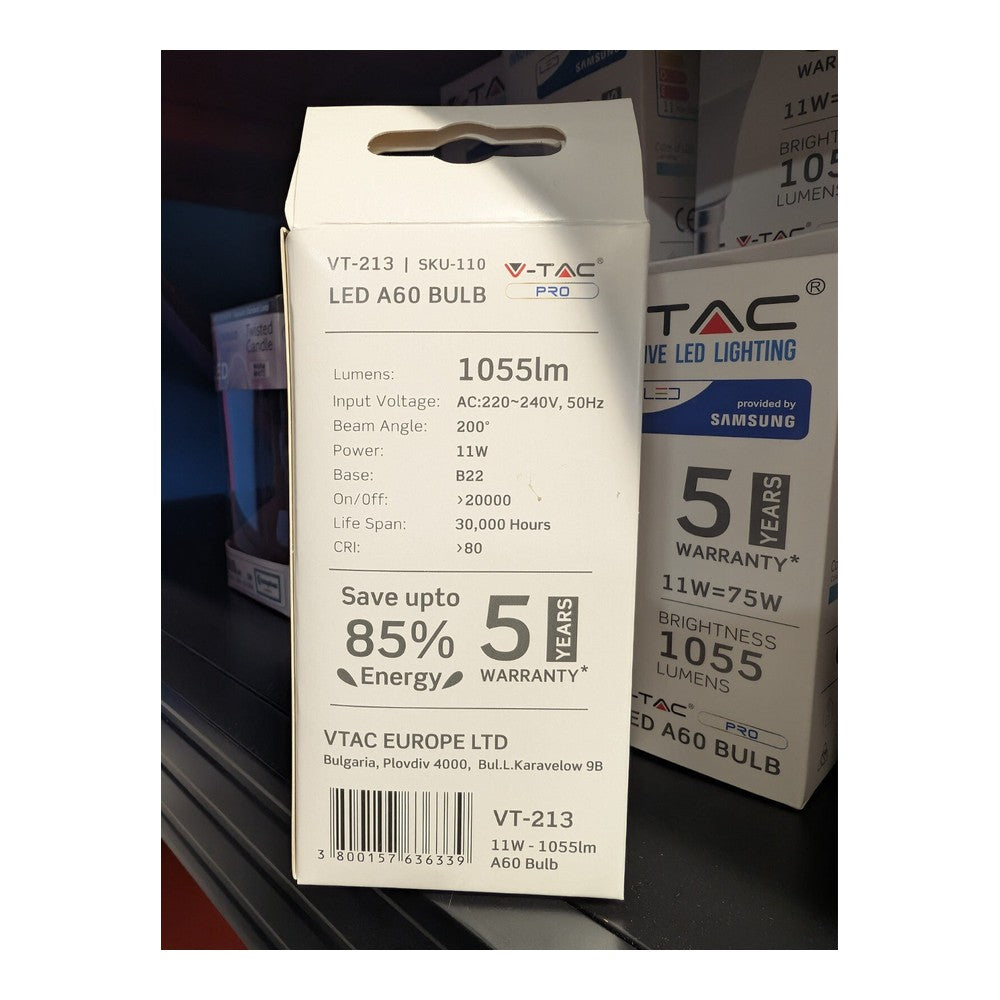 B22 11w = 75w A60 2 Pack LED BULB SAMSUNG CHIP 4000K DAY WHITE B22 1055lm V-TAC