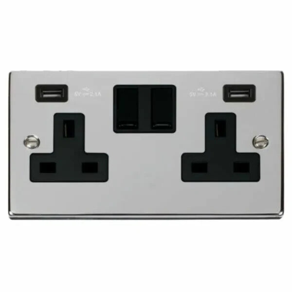 Click VPCH780BK Deco | Polished Chrome | 2 Gang 13A 2x USB-A 4.2A Switched