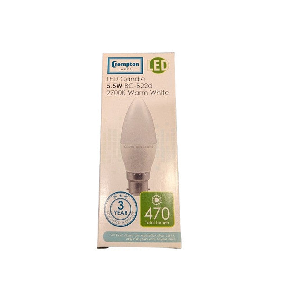 2x Crompton 4658 Light Bulb 5.5w LED Candle 2700K B22 Warm White