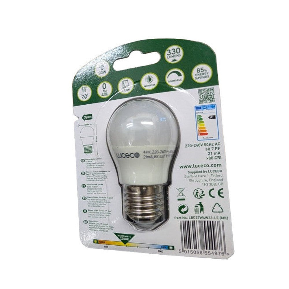 E27 ES LED Luceco 4w = 30w Golfball Lamp Warm White Comfort light 330lms