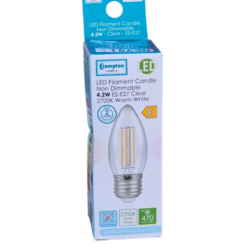 2 x ES E27 4.2w Clear Crompton LED Candle Bulb Non-Dimmable 2700k Warm White