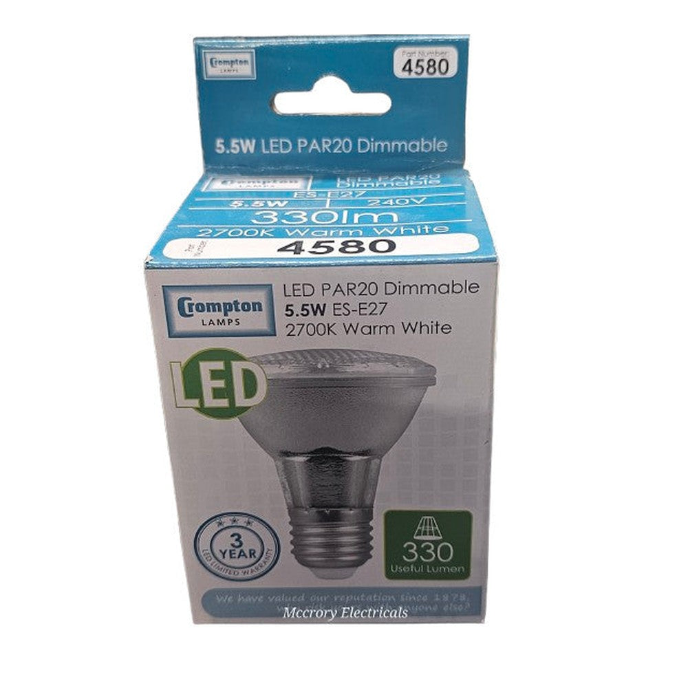 ES-E27 5.5W = 50W LED Crompton PAR 20 Dimmable Bulb 330lm 2700k Warm White 4580