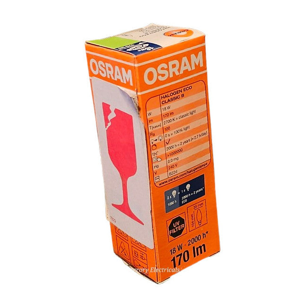 B22d 18w = 20w Osram Halogen ECO Candle  170lm Classic White 240v 2000h Dimmable