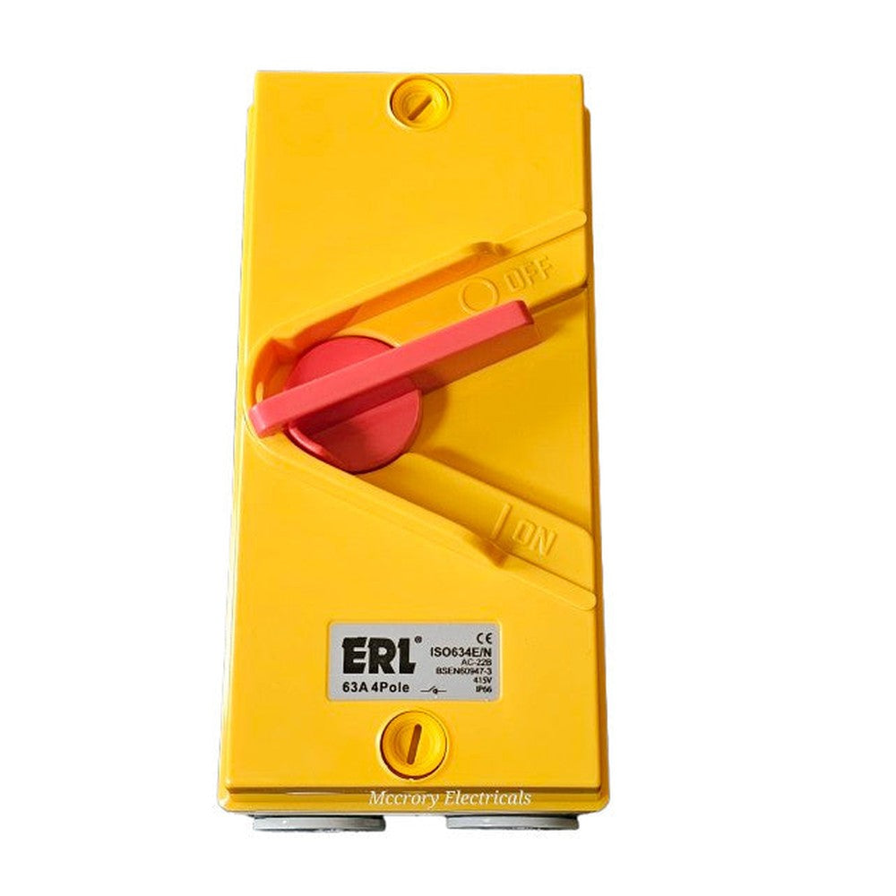 ERL Isolating Switch 45 or 63Amp AC-22B 415v IP66 4 Pole Yellow/Grey
