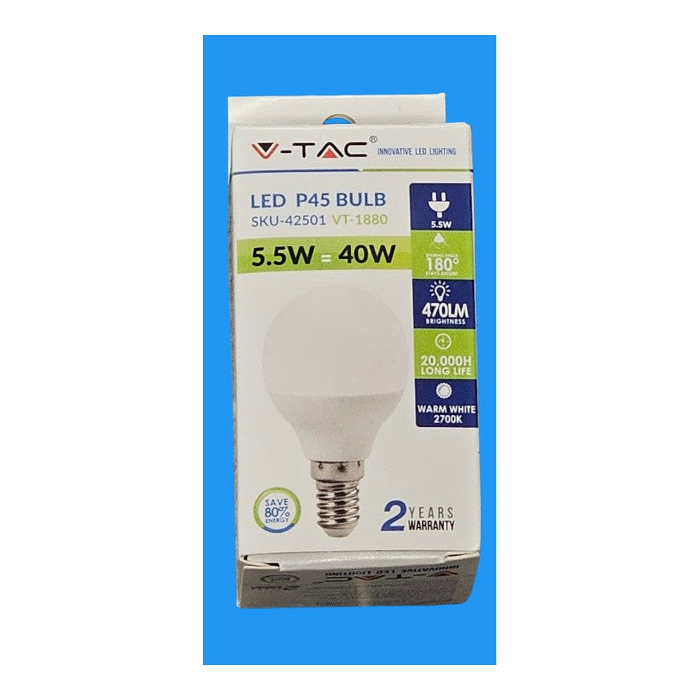 E14 5.5w =40w LED P45 V-TAC Bulb Lamp 470lm 2700k Warm White 20000H 220 - 240v