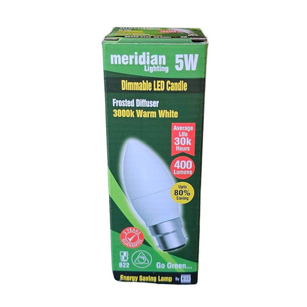 Meridian B22 5W Dimmable LED Candle Bulb 400Lm Warm White Frosted Diffuser 30k H