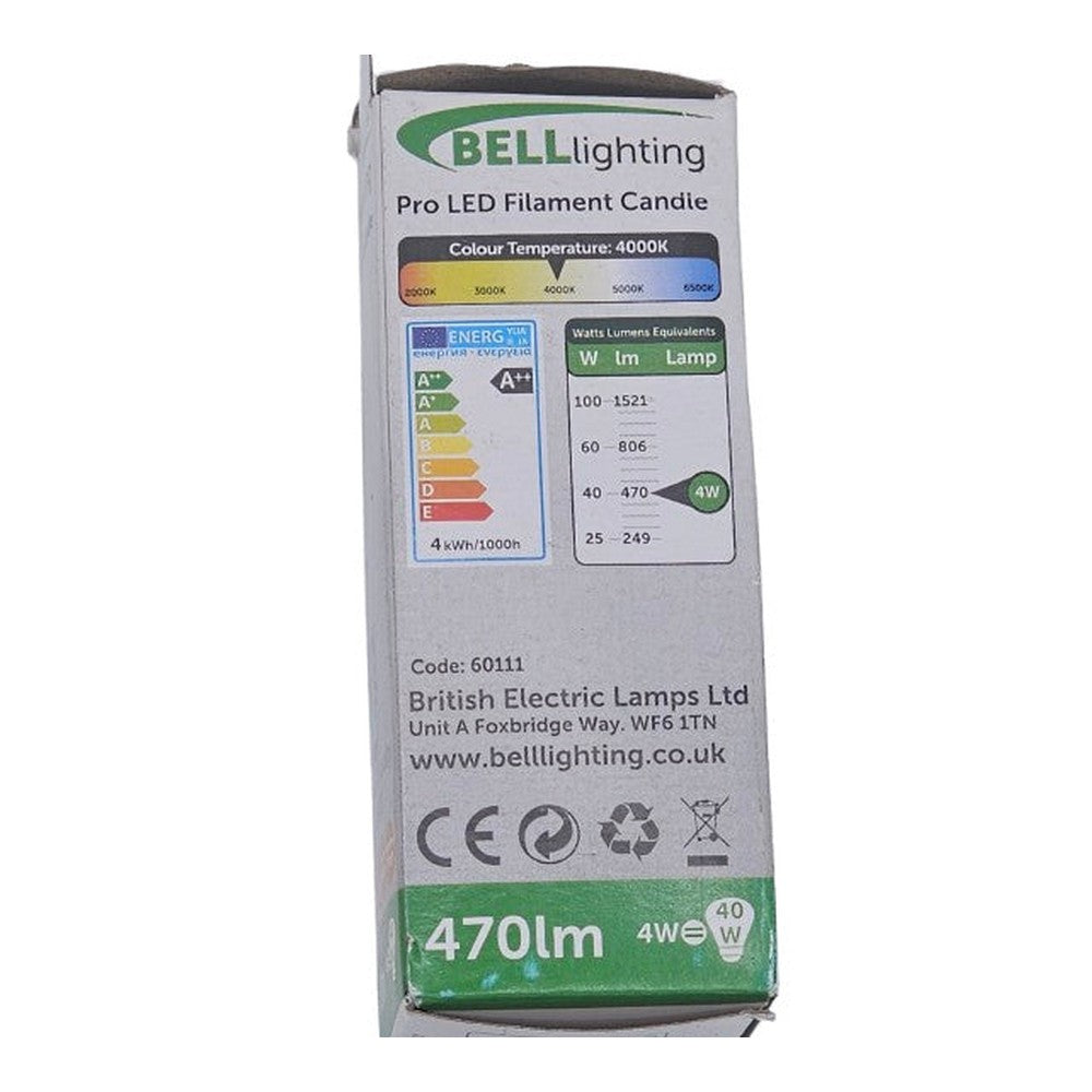 ES E27 4 = 40w ( PACK OF 2 )  Bell Pro LED Filament Candle Bulb Clear Cool 470lm