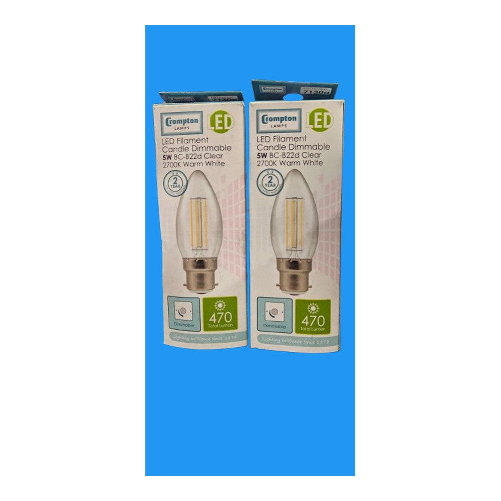 BC B22 5w Clear Crompton ES-E27 Candle Bulb Lamp 470lm 2700k Warm White LED Dimm