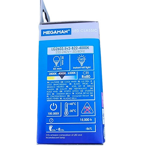 4 x B22 3.5 = 25w Megaman Bulb Lamp 250lm 4000k Cool White 15000H LED Classic