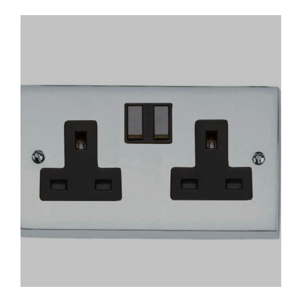 2 Gang 13A Switched Twin Socket Victorian Polished Chrome Plain Raised Plate