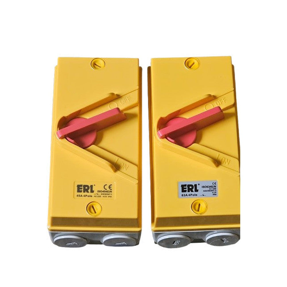 ERL Isolating Switch 45 or 63Amp AC-22B 415v IP66 4 Pole Yellow/Grey
