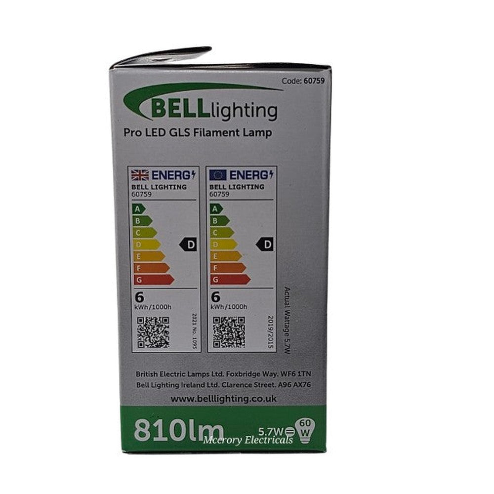 BC/B22 5.7w = 60w X 5 Bell Pro Filament Lamp Bulb 810lm Cool White 91% Saver