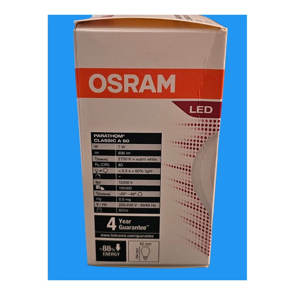 2 x B22d 7w = 60w LED Osram Parathom 2700k Warm White 806lm 15000h Classic A60