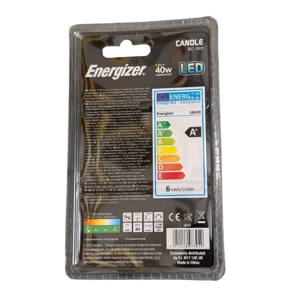 5x Energizer Led Candle BC B22 5.9w = 40w (2,700 Warm White) S8699