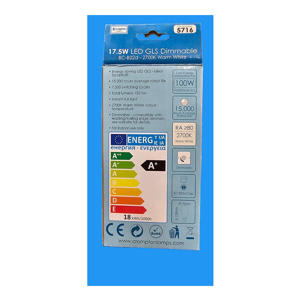 BC-B22d 17.5w LED GLS 2700K Warm White A+ Dimmable Lamp Bulb Crompton 5716