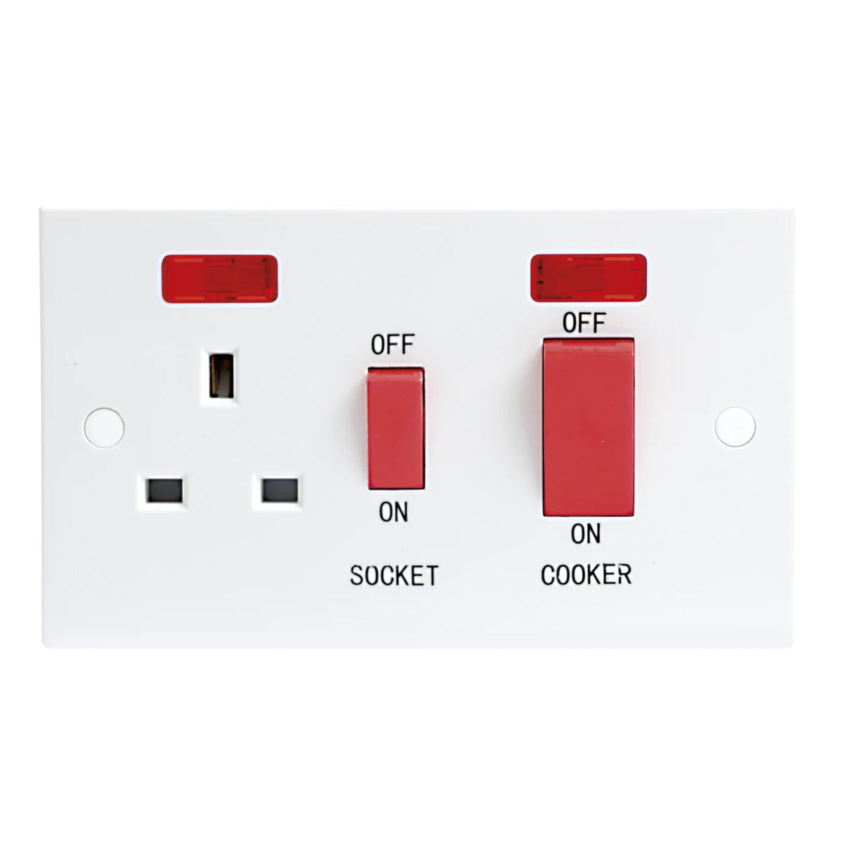 ST8333N - 45 Amp White double Cooker Switch with 13A Socket and Neons