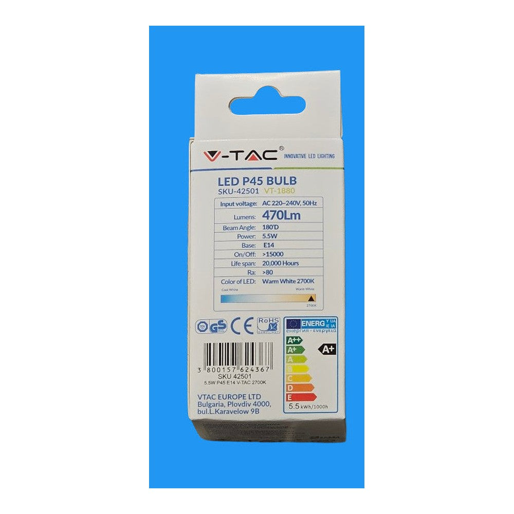 E14 5.5w =40w LED P45 V-TAC Bulb Lamp 470lm 2700k Warm White 20000H 220 - 240v