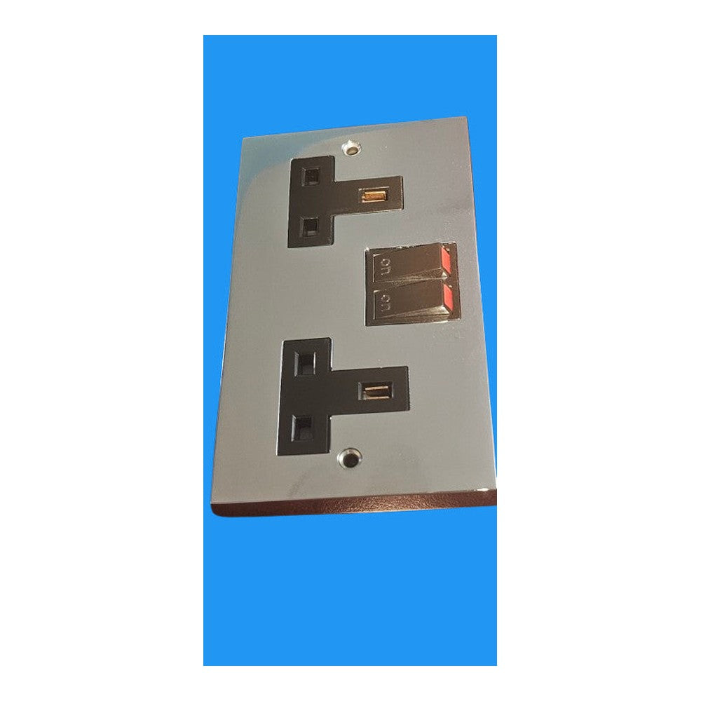 2 Gang 13A Switched Twin Socket Victorian Polished Chrome Plain Raised Plate