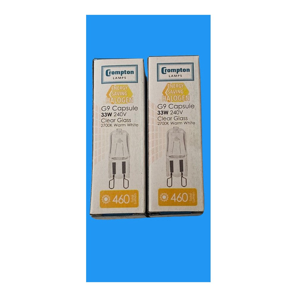 G9 33w Crompton Capsule 240v 2700k Warm White Clear UV Stop Glass Dimmable 460lm
