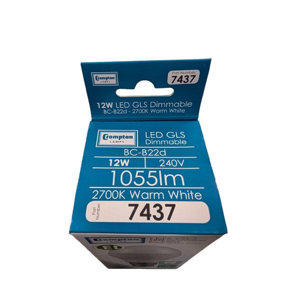 Crompton 7437  LED Thermal Plastic GLS Lamp 12w Dimmable Warm White BC-B22d