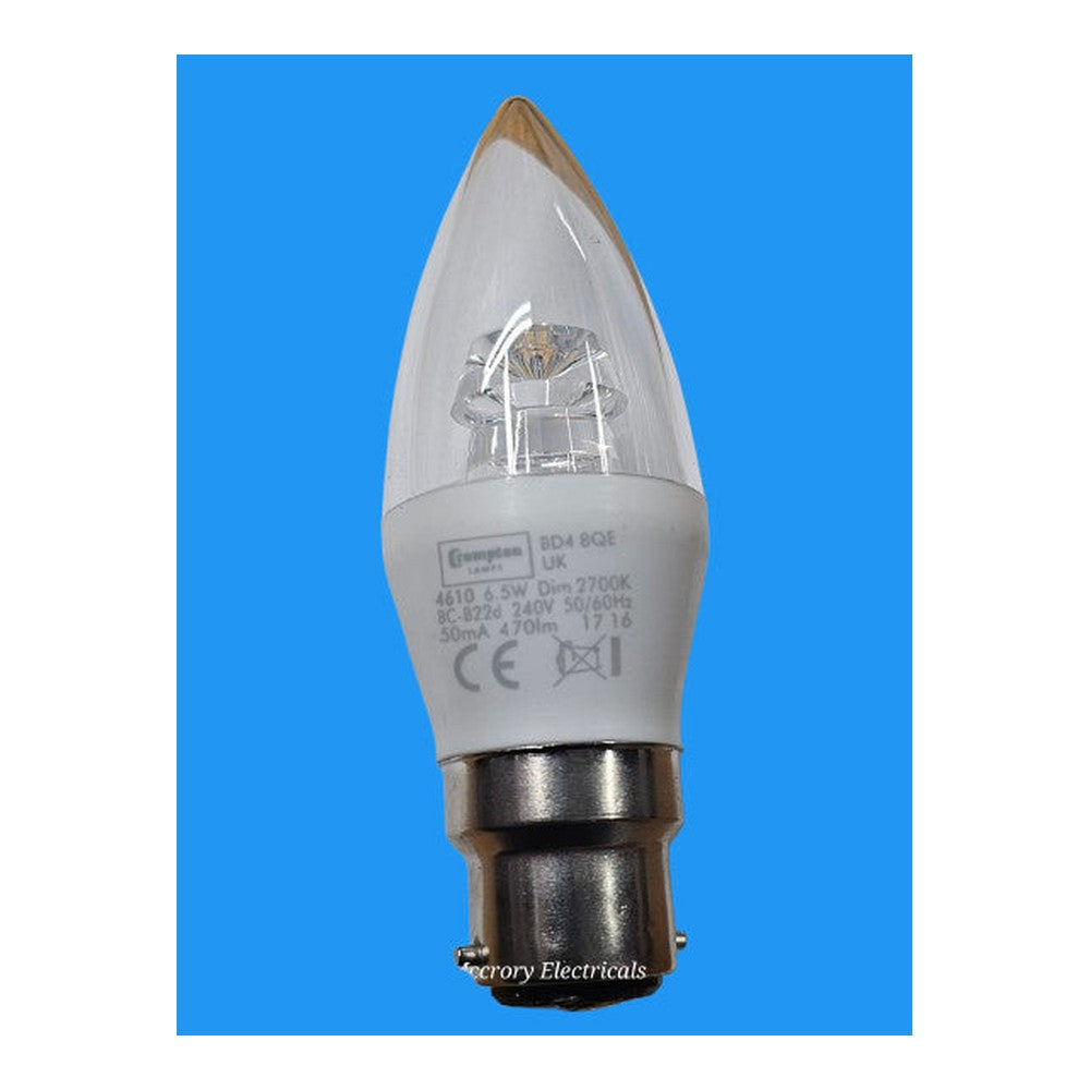 BC-B22d 6.5w x 2 Crompton LED Dimmable Candle Bulb  2700k Warm White 470lm 4610