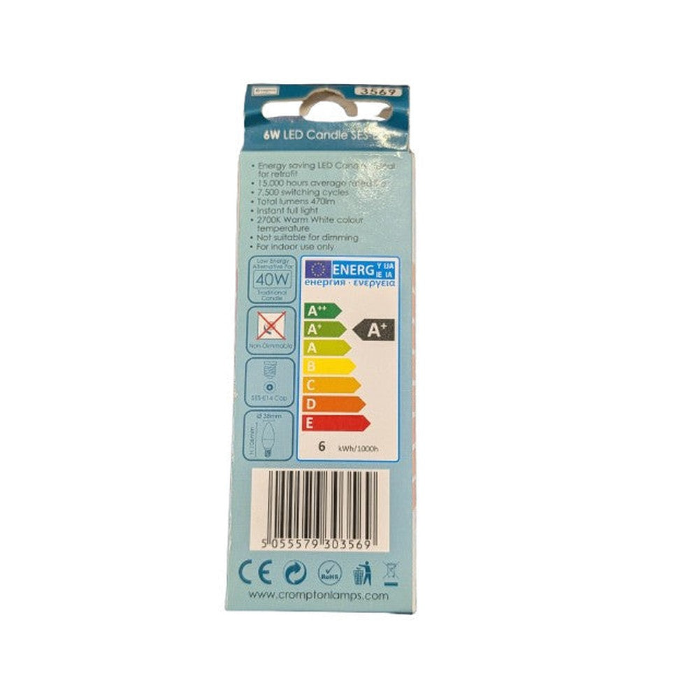 2x Crompton 3569 Light Bulb 6w LED Candle  SES-E14 2700k Warm White