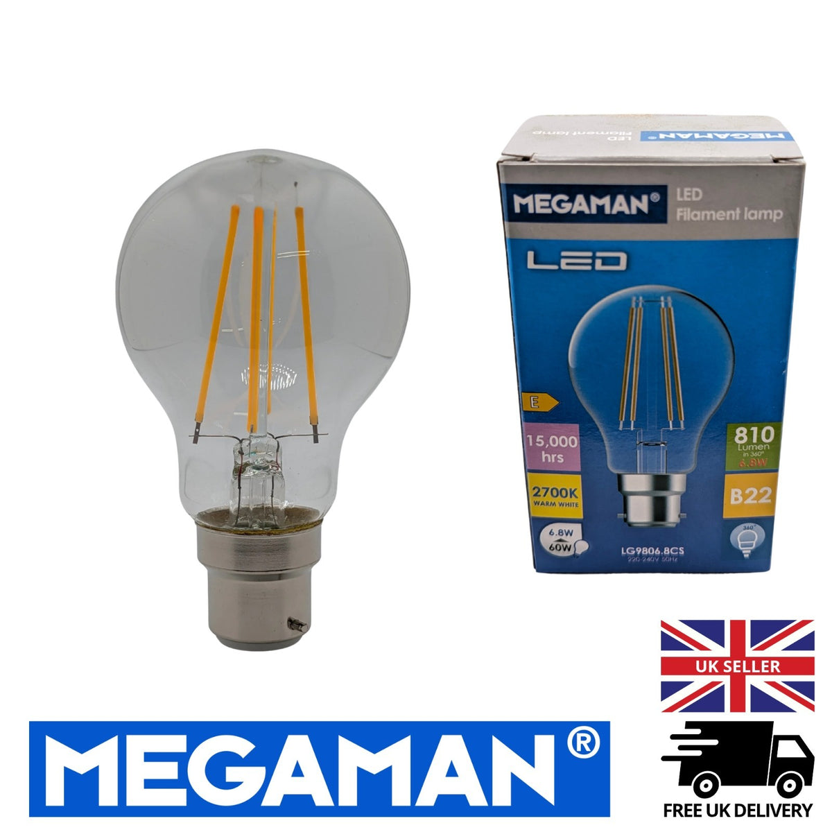 LES B22 Megaman 707171 LED Clear Filament GLS Warm White 6.8W 2700k