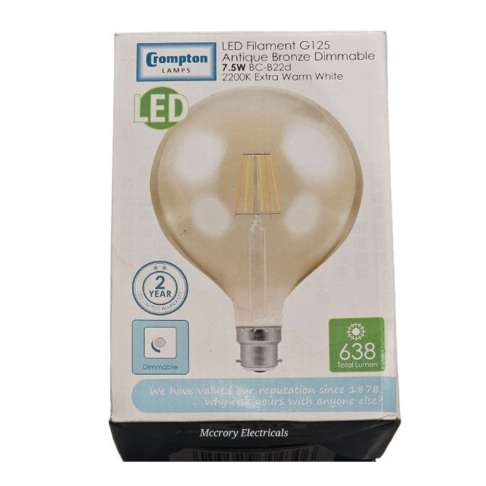 G125 BC-B22d 7.5w LED Filament Antique Bronze Dimmable Bulb 2200k Ex Warm White