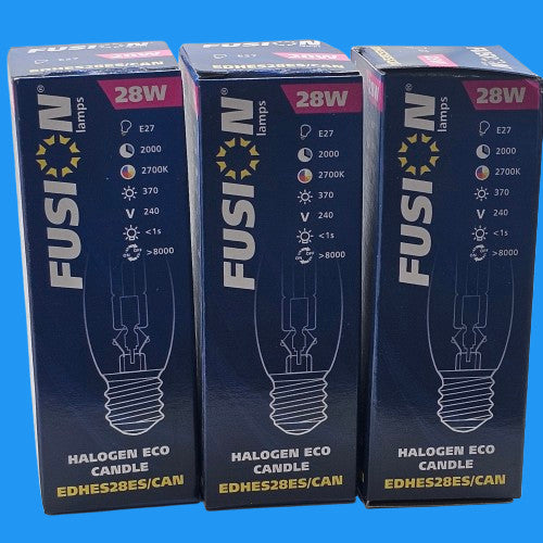3 x E27 Fusion 28w Candle Bulb Lamp 370lm Halogen ECO 93mm x 35mm3mm