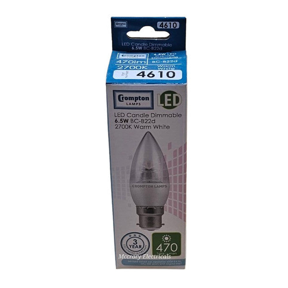 BC-B22d 6.5w x 2 Crompton LED Dimmable Candle Bulb  2700k Warm White 470lm 4610