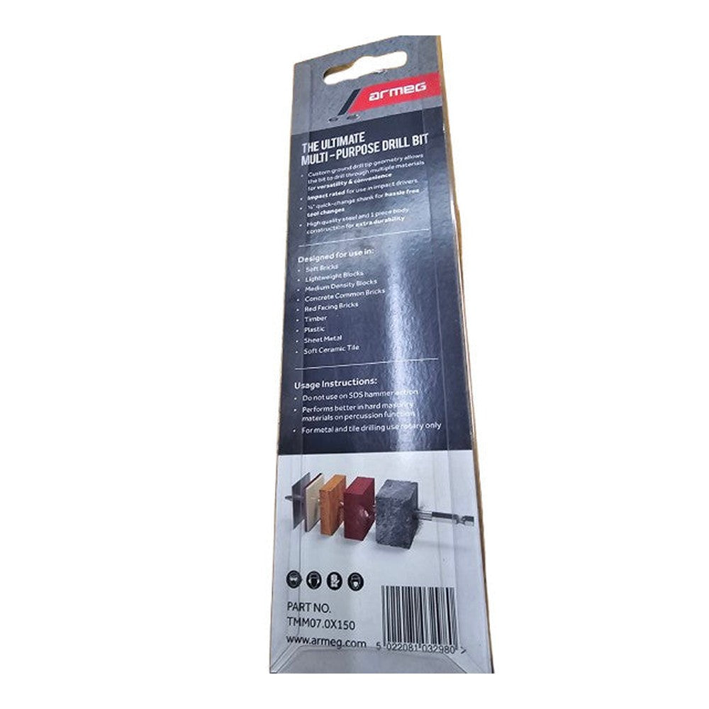 Armeg 7.0 x 150mm 1/4 Hex Impact Rated Multi Material Drill Bit Soft Tile