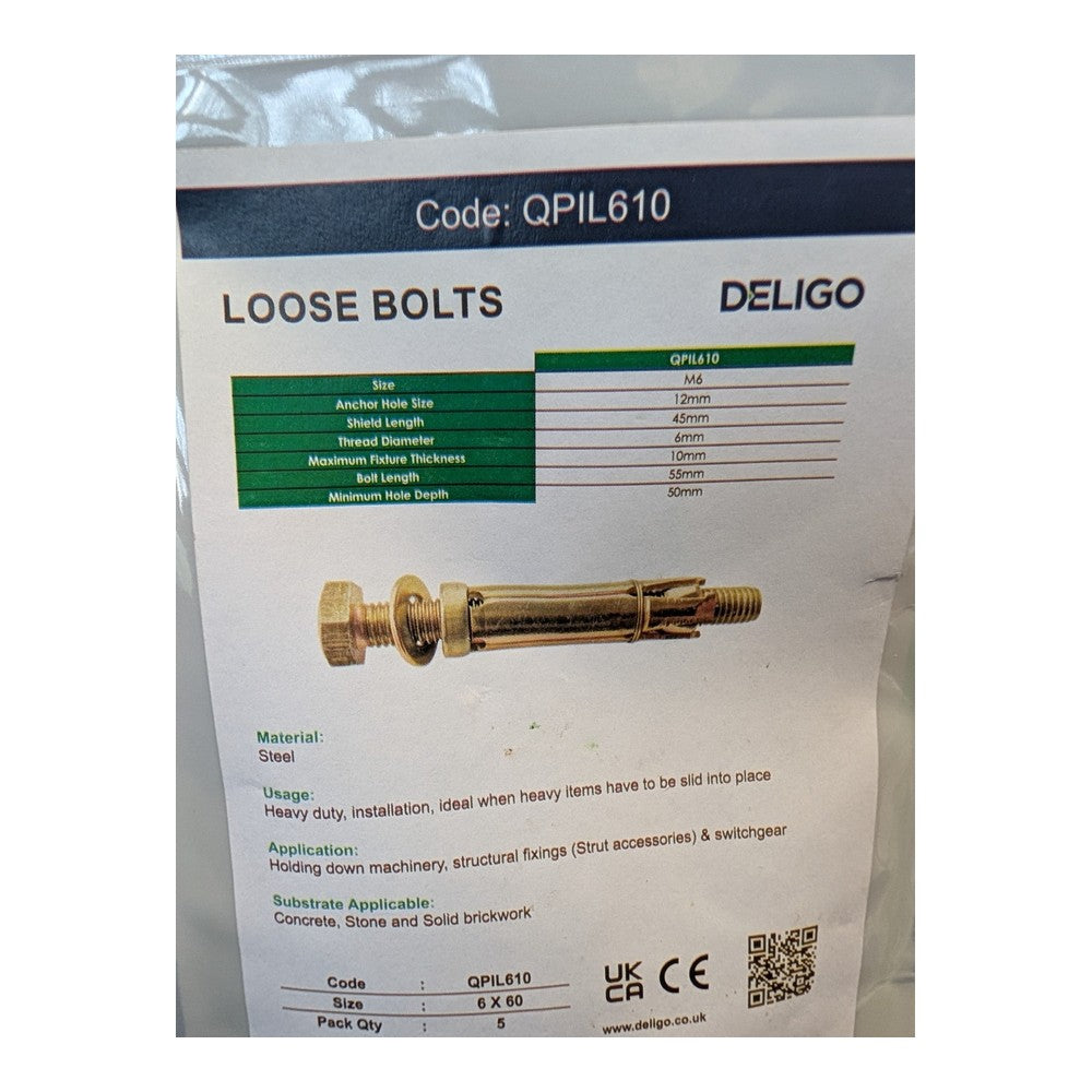 Deligo Expansion Shield Anchor Loose Bolts 6 x 60mm Pack Of 5
