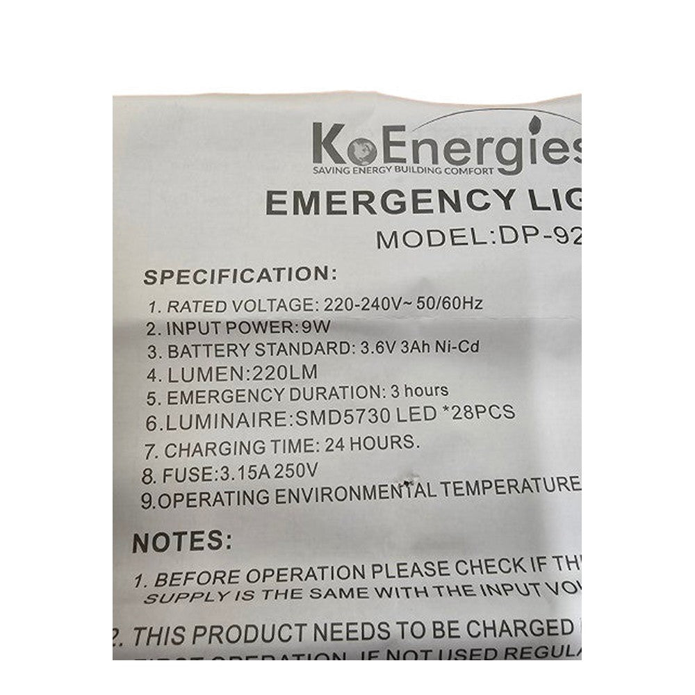 Emergency Light 220-240V Input 9W 220Lm Battery Standard 3.6V 3Ah Ni-Cd SMD5730