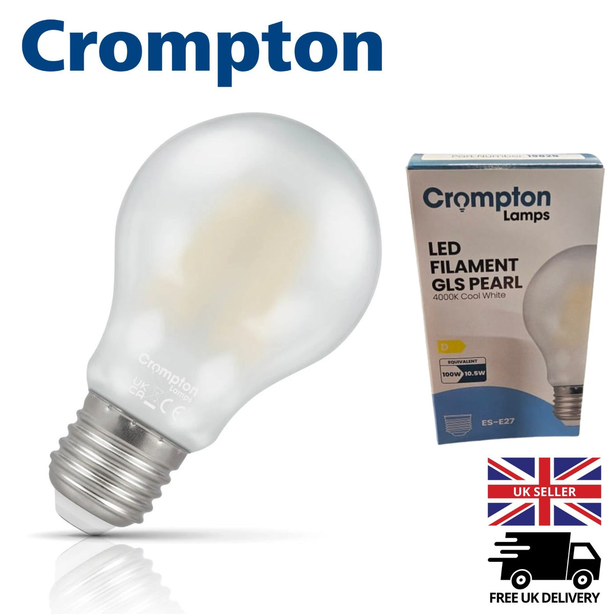 E27 Crompton LED Filament GLS Pearl Bulb 10.5W (100W) 4000K Cool White 19829