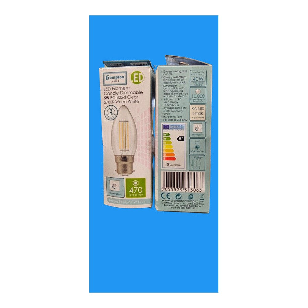 BC B22 5w Clear Crompton ES-E27 Candle Bulb Lamp 470lm 2700k Warm White LED Dimm