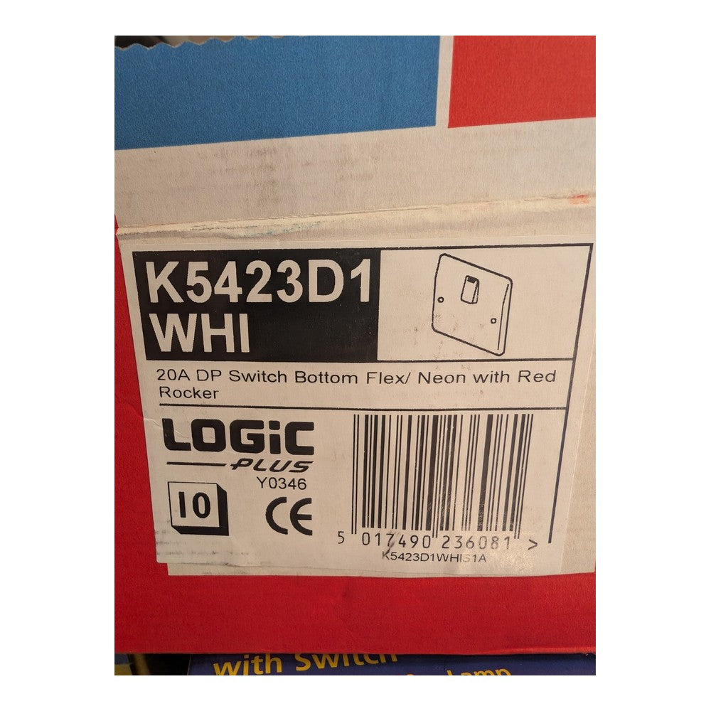 MK Logic Plus K5423D1WHI White Moulded 20a DP Switch Neon Red Rocker  F/O