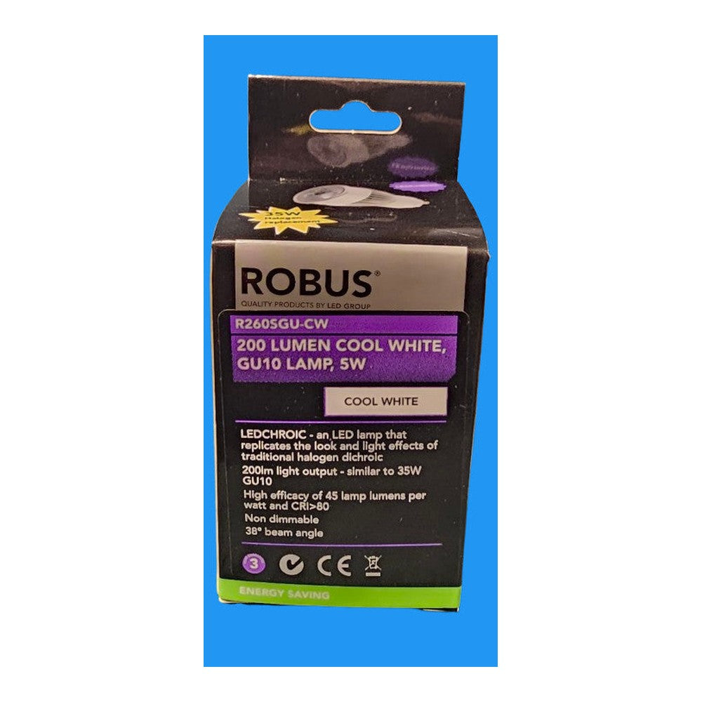 GU10 5w = 35w ( Pack of 2 ) Robus Lamp Bulb 200lm Cool White LEDCHROIC
