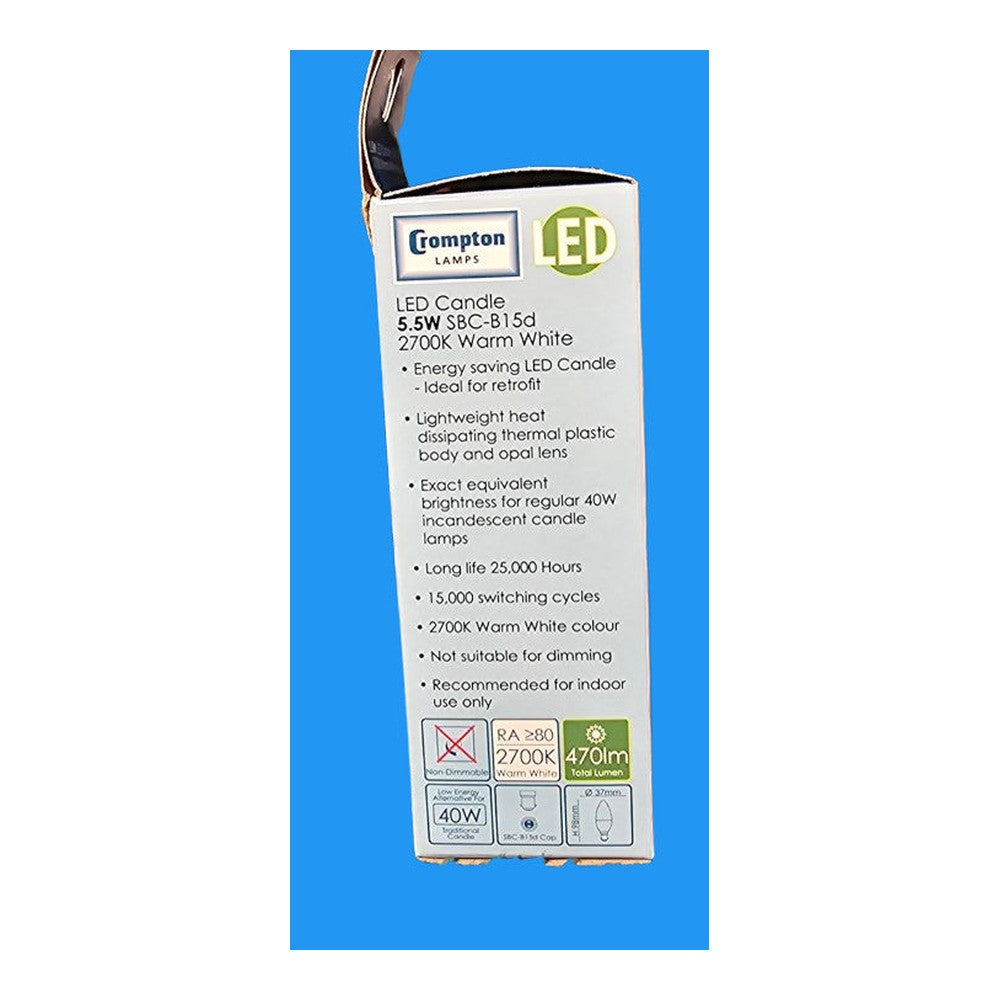 SBC B15d 5.5w = 40w LED Candle Bulb Lamp 2700k Warm White 470lm